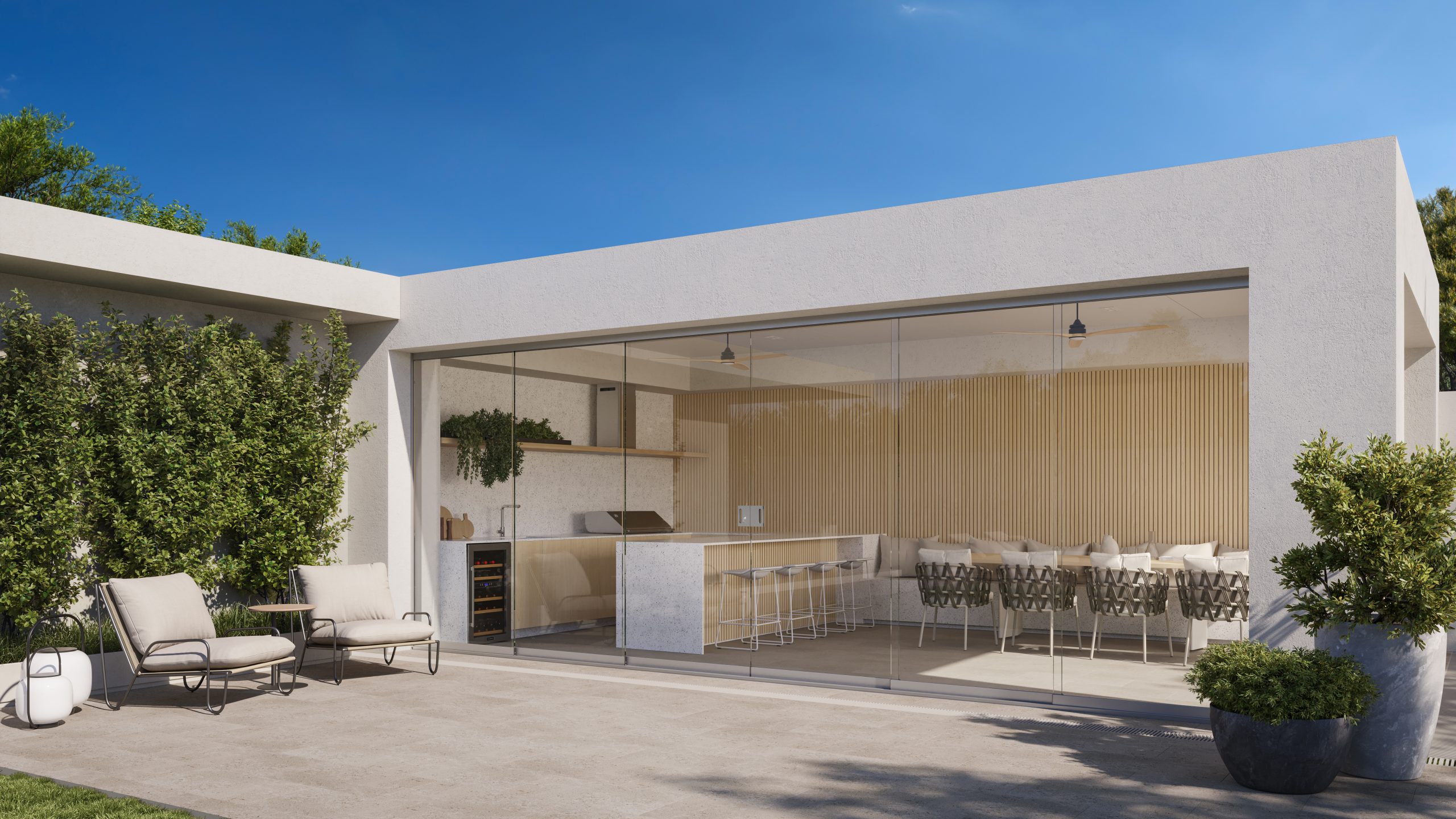 Alfresco glass enclosure open for summer airflow”