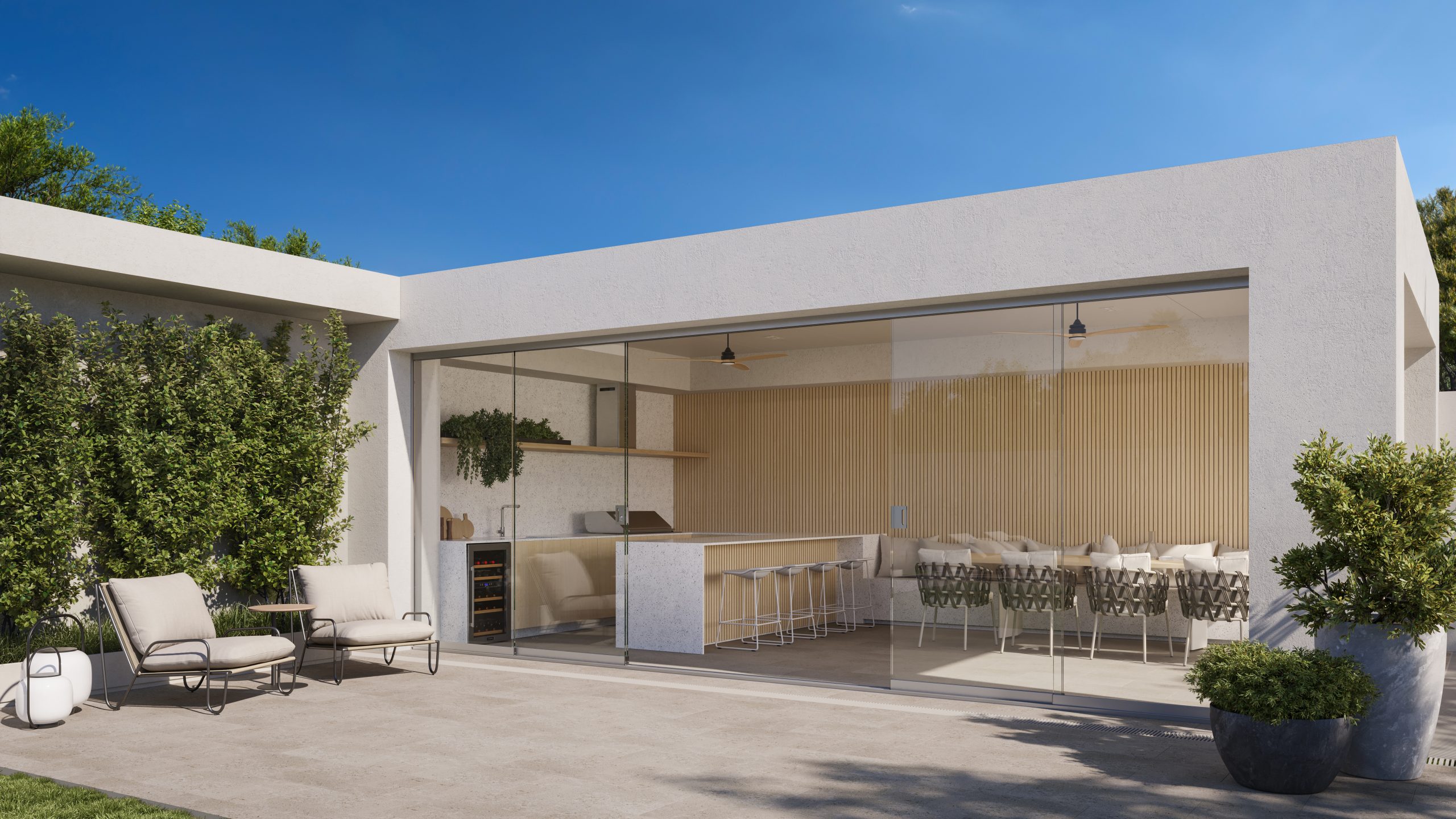 Alfresco glass enclosure half open with furniture visible inside