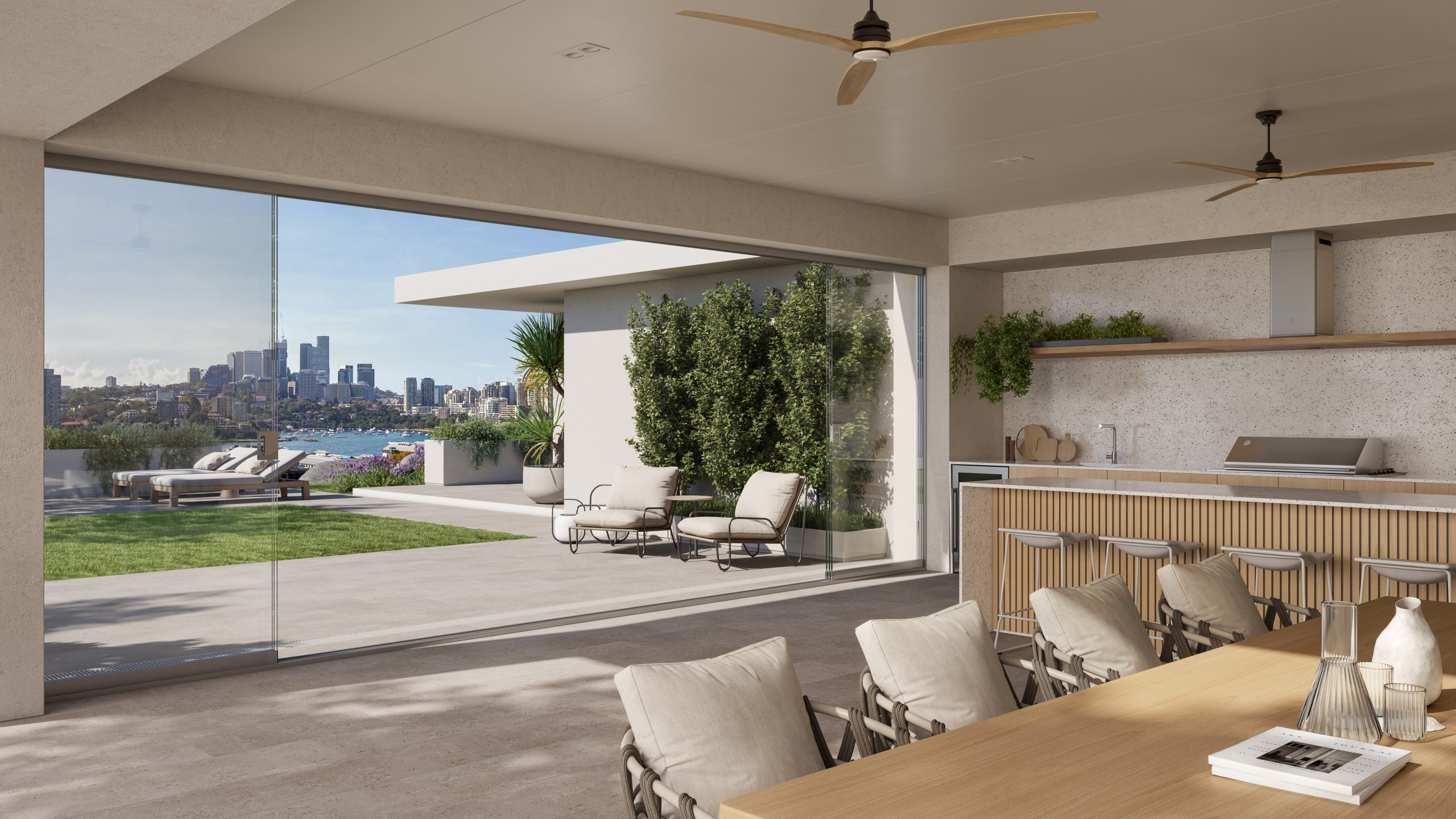 Frameless glass alfresco enclosure with sliding panels