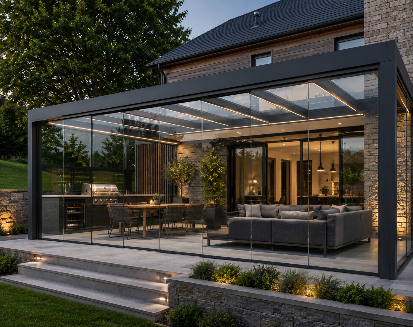 Outdoor living furniture inside enclosed glass alfresco area