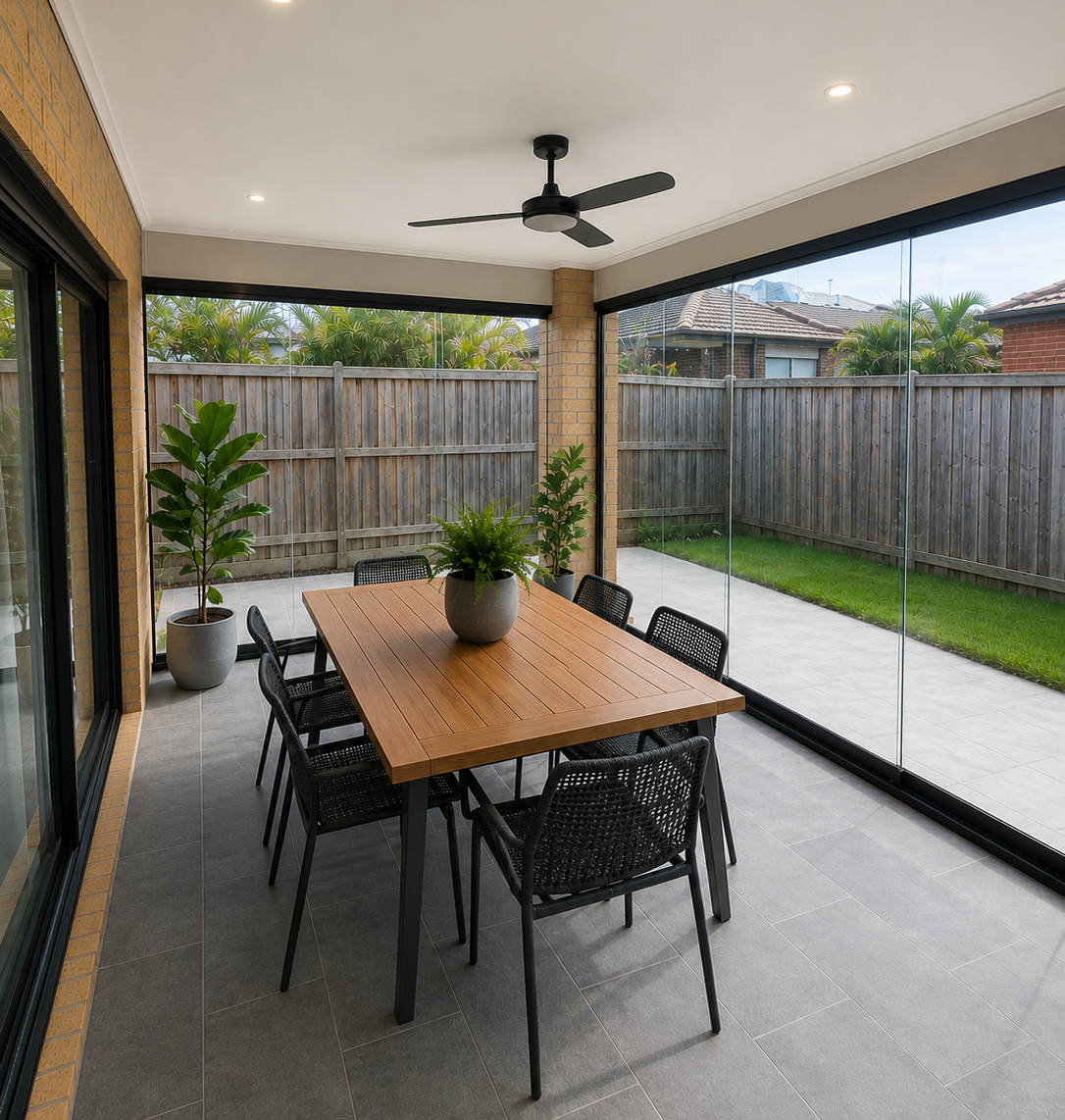 Patio with fan and outdoor table enclosed with glass