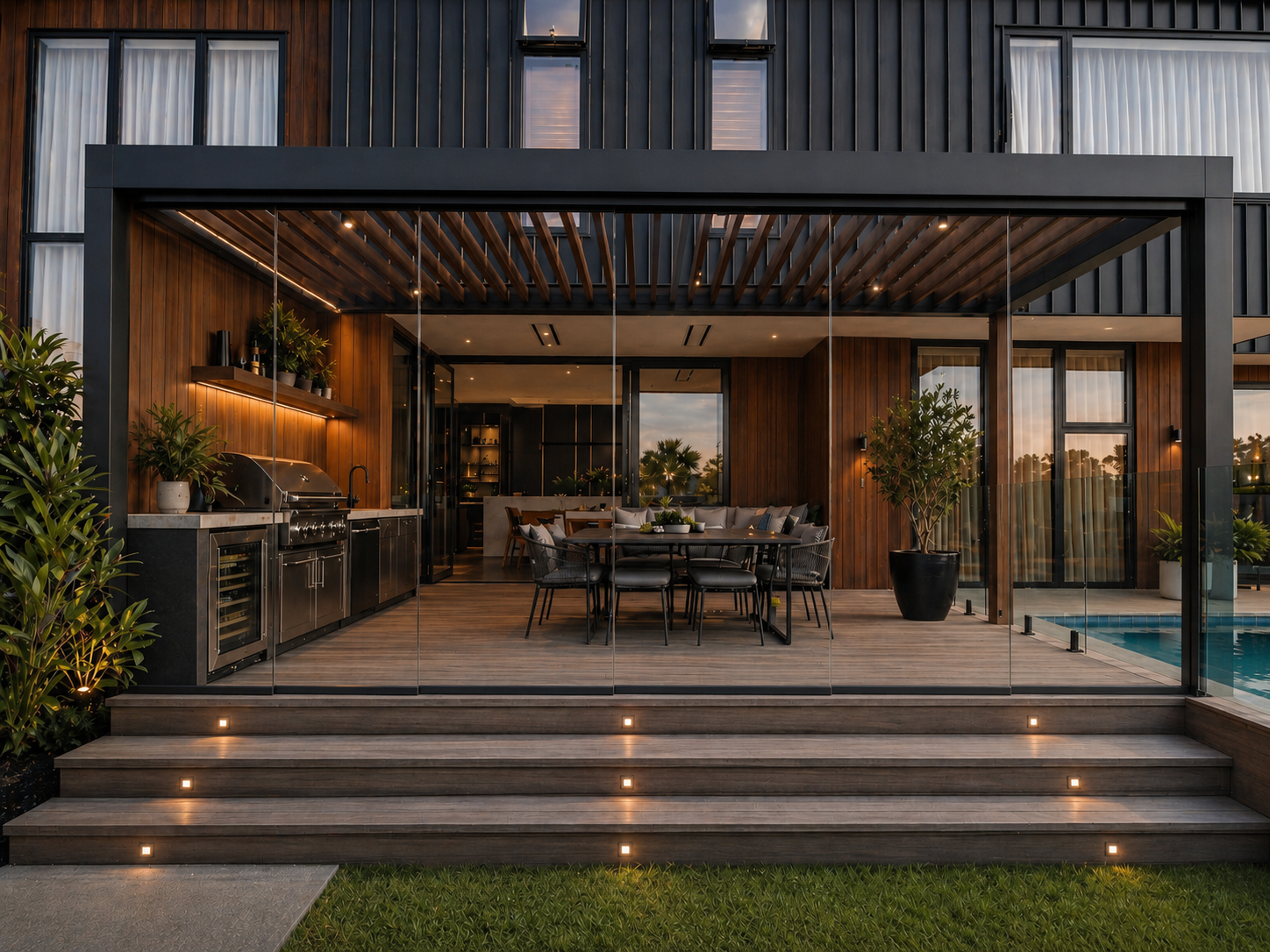 Retractable frameless glass weather protection for alfresco area