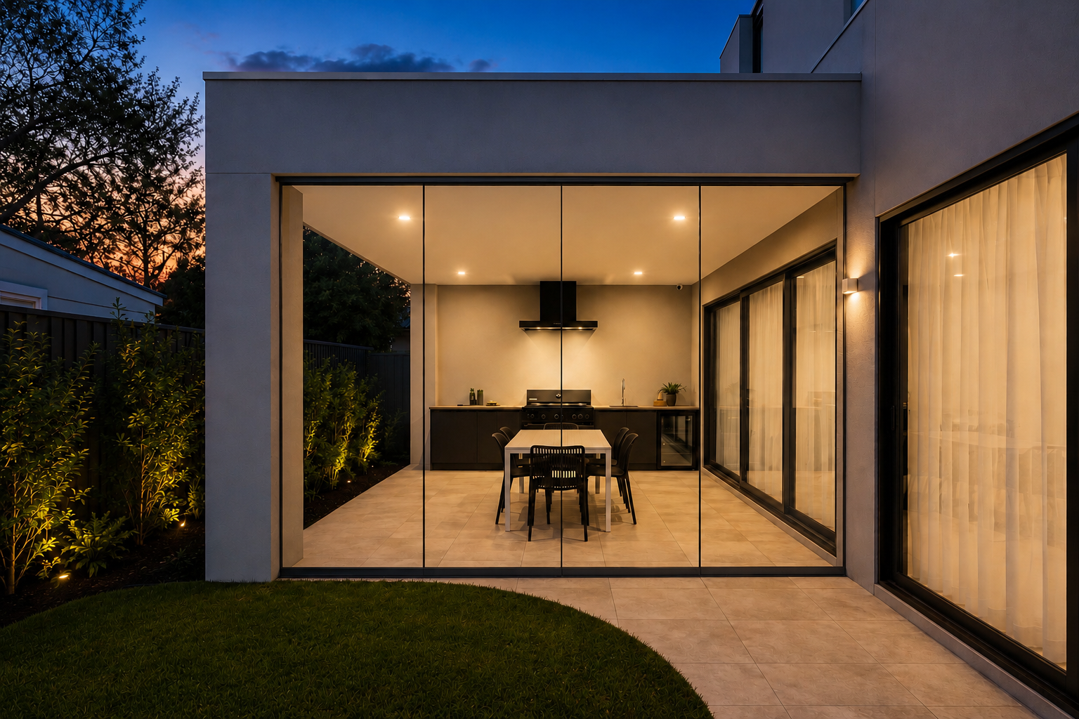 Family alfresco entertaining space with glass walls