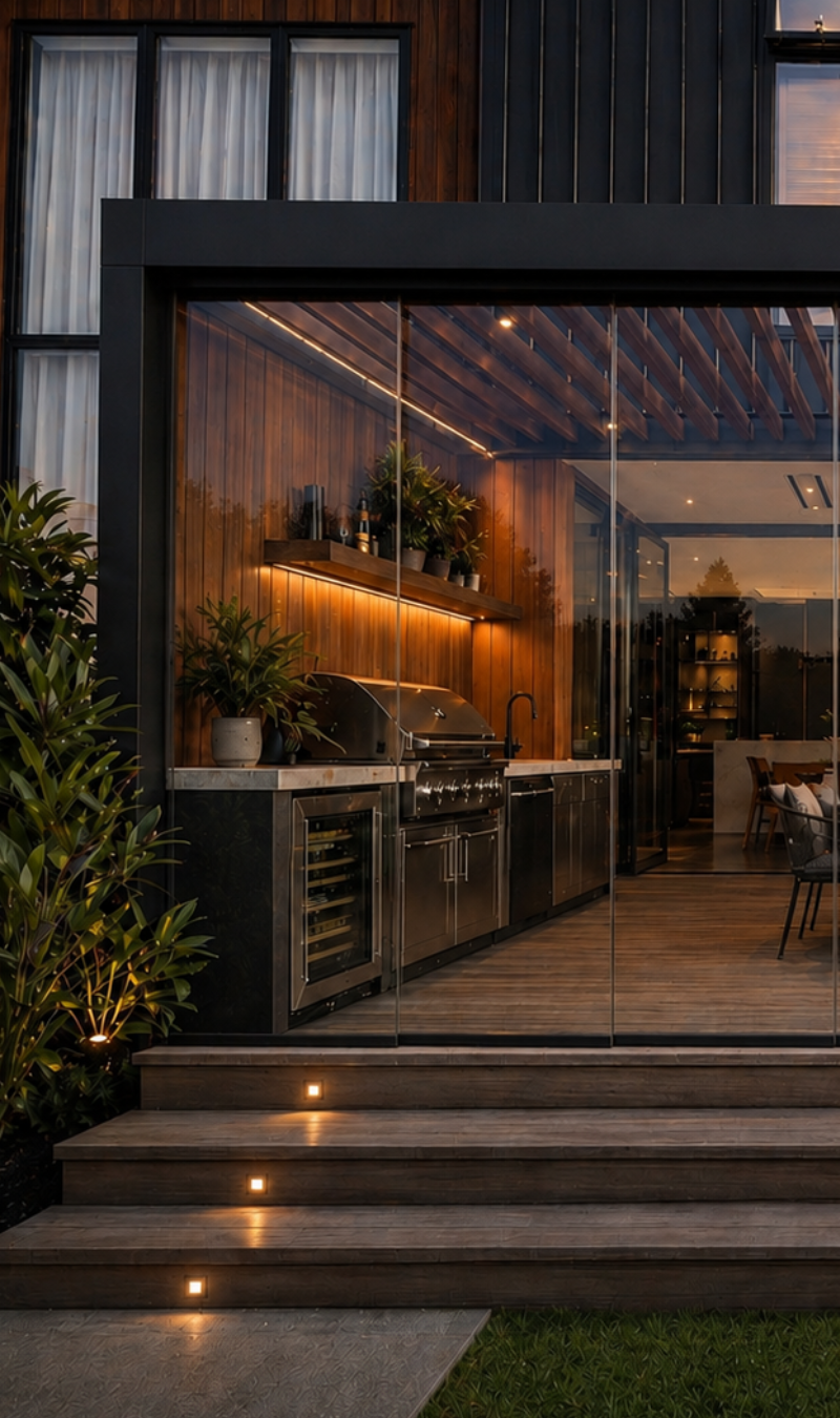 Evening BBQ with glass enclosed pergola with wood deck