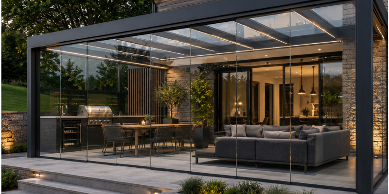 Aluminium pergola with frameless glass alfresco blinds