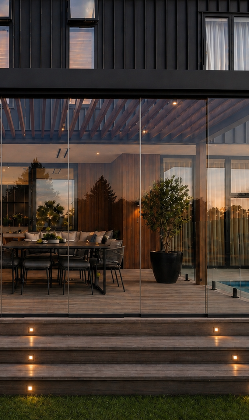 Evening BBQ with glass enclosed pergola with wood deck